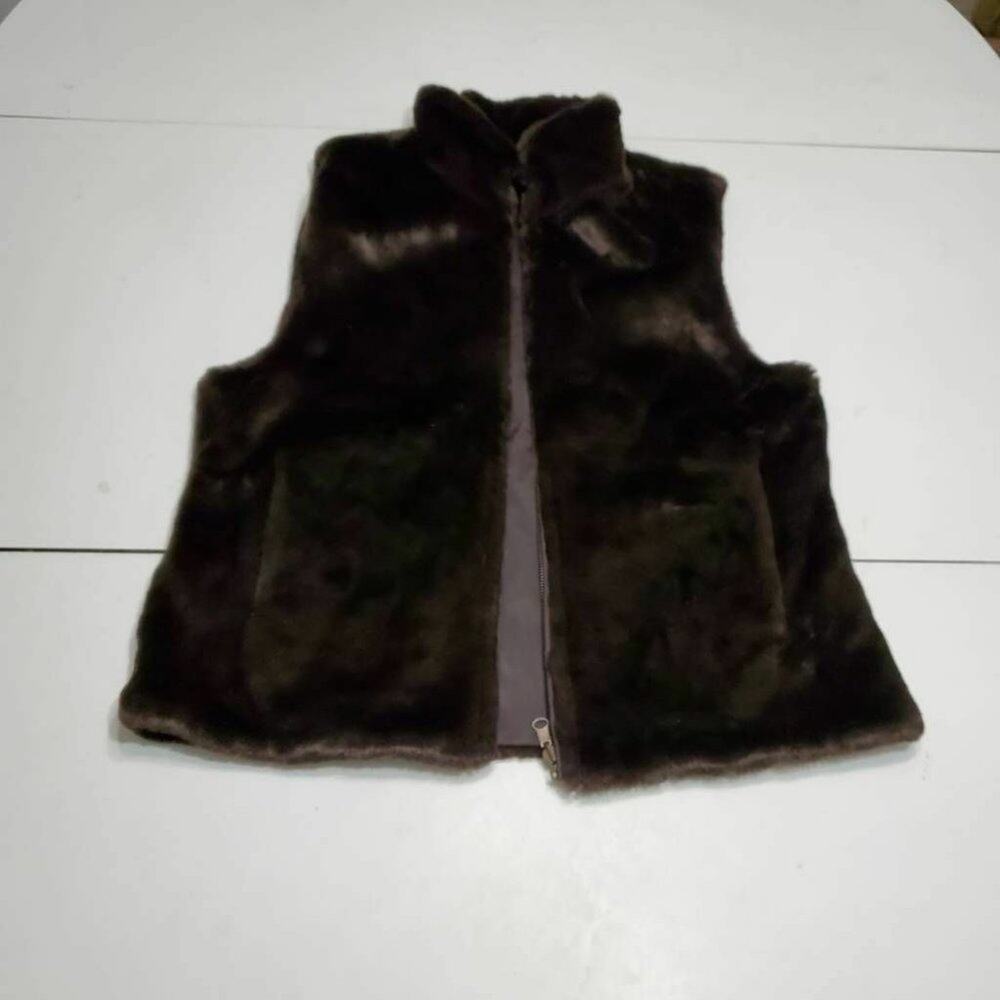 Womens Vest Brown Faux Fur Zip Up Pockets Mock Neck Mid Length Lined Jacket S